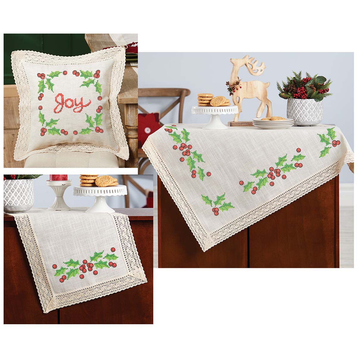 Herrschners® Winter Holly & Berries Ensemble, Set of 3 Stamped 